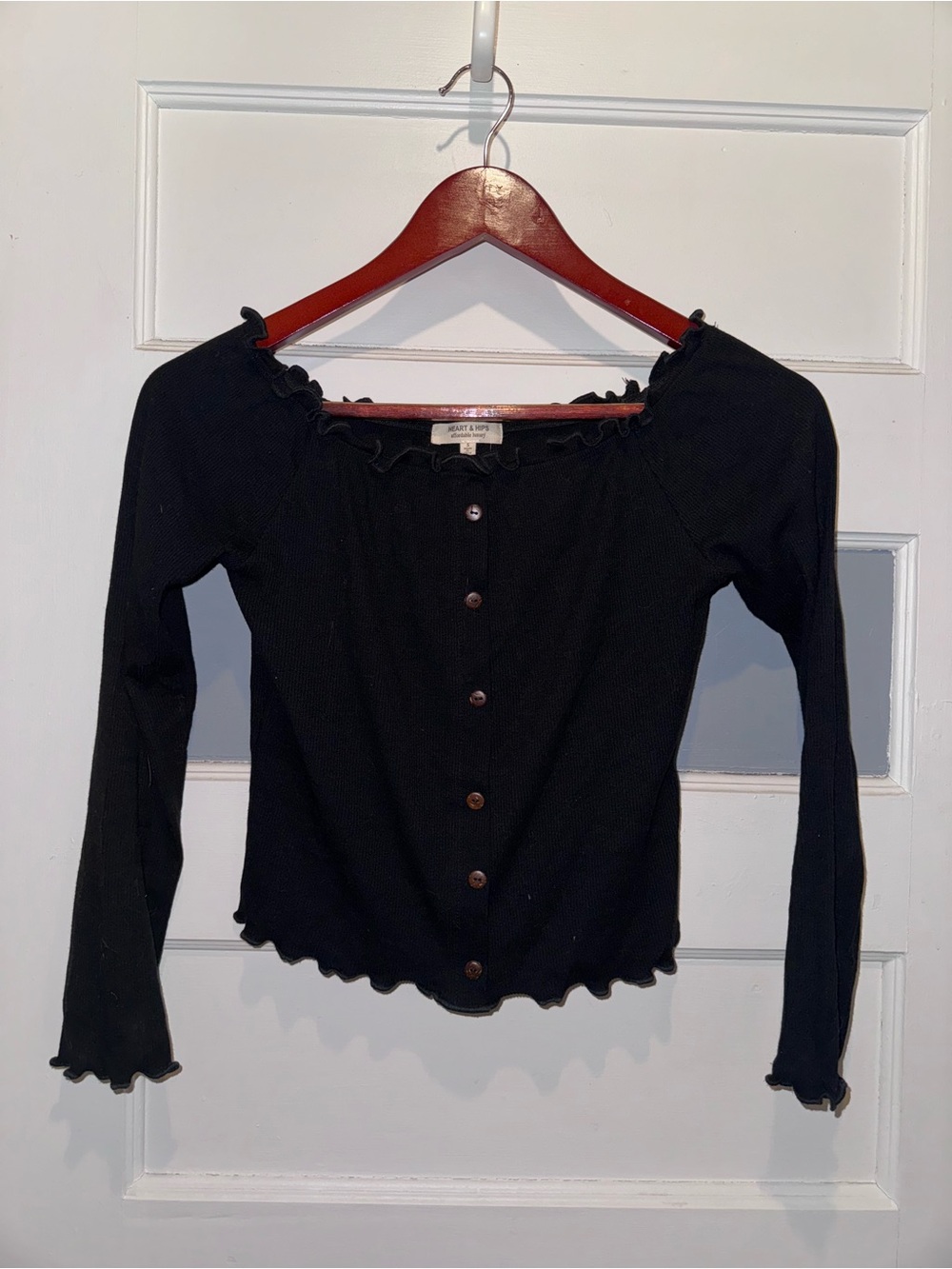 Heart Hips Black Ribbed Button-Front Long Sleeve Top